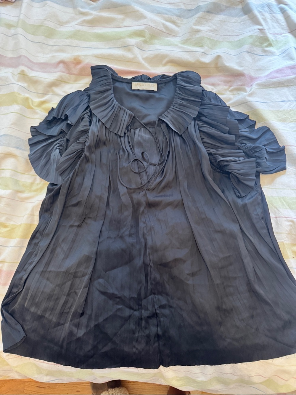 Ulla Johnson Navy Pleated Ruffle-Trim Blouse